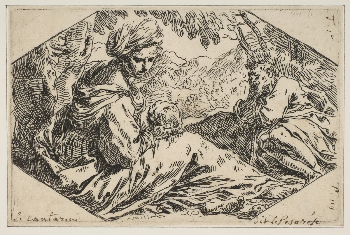 Repose in Egypt, Mary holding and looking at the infant Christ while St. Joseph sleeps by Simone Cantarini, print, 1632-1642