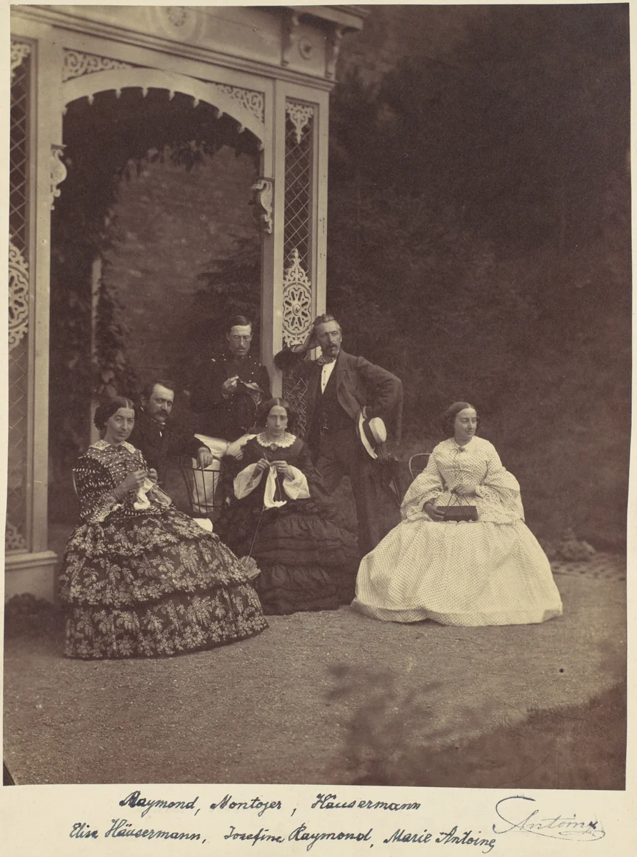 [Portrait of Three Women and Men in a Garden] by Franz Antoine, photograph, 1850-1869