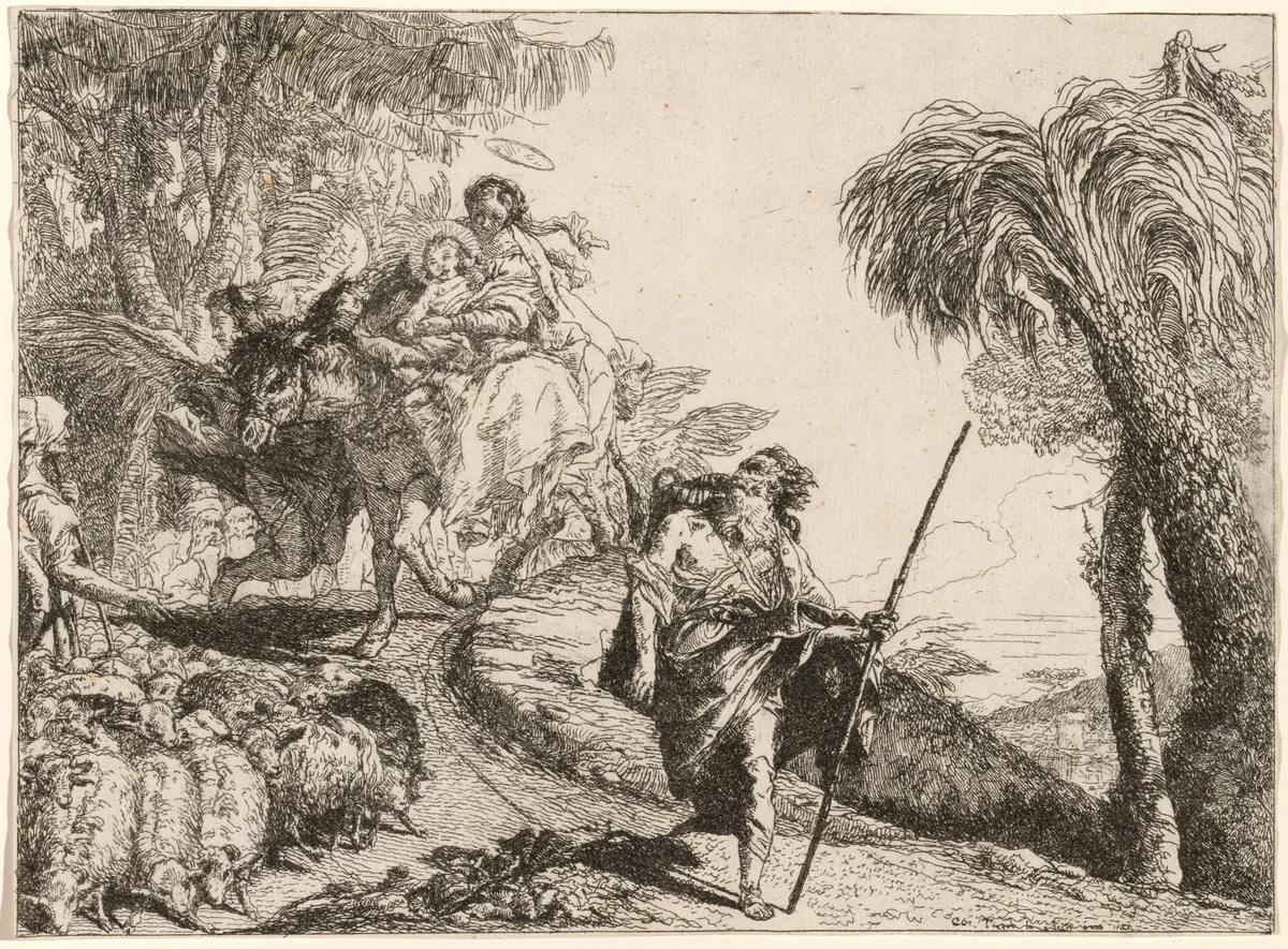 The Holy Family Descending a Path near Shepherds by Giovanni Domenico Tiepolo, print, 1727-1804