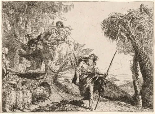 The Holy Family Descending a Path near Shepherds by Giovanni Domenico Tiepolo, print, 1727-1804