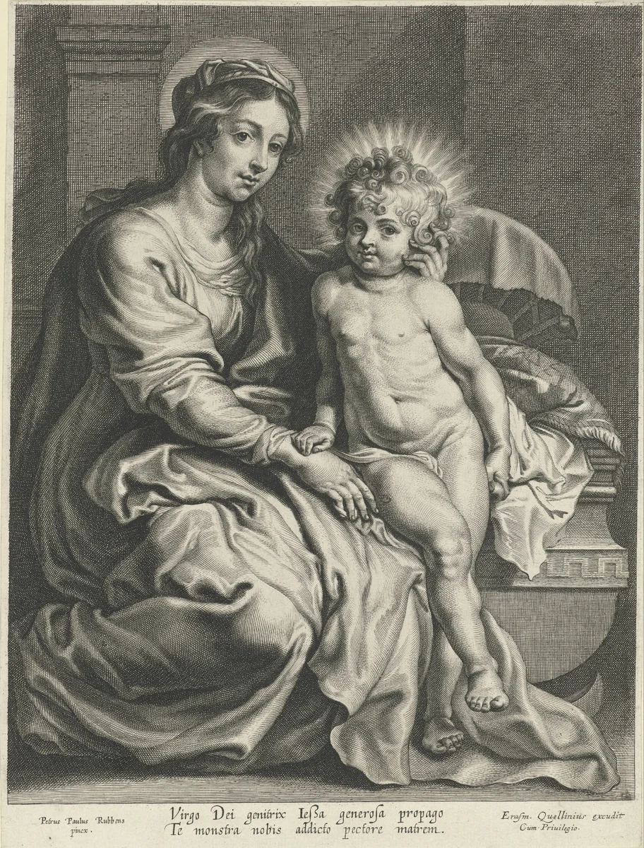 Maria met Christuskind bij wieg by Pieter de Jode, print, 1590-1632