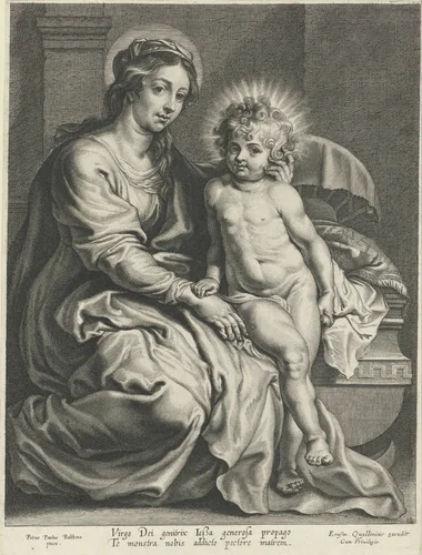 Maria met Christuskind bij wieg by Pieter de Jode, print, 1590-1632
