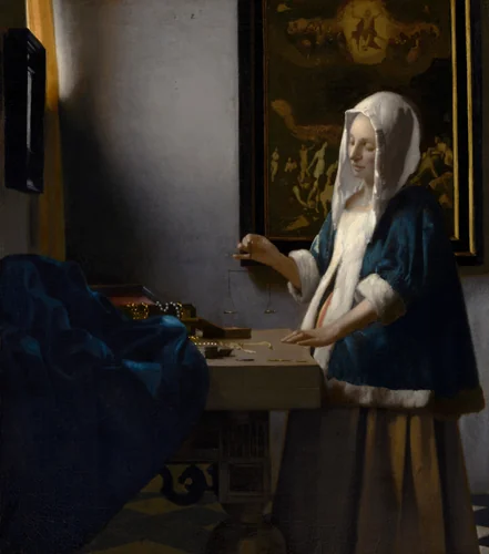 Woman Holding a Balance by Johannes Vermeer, painting, 1664