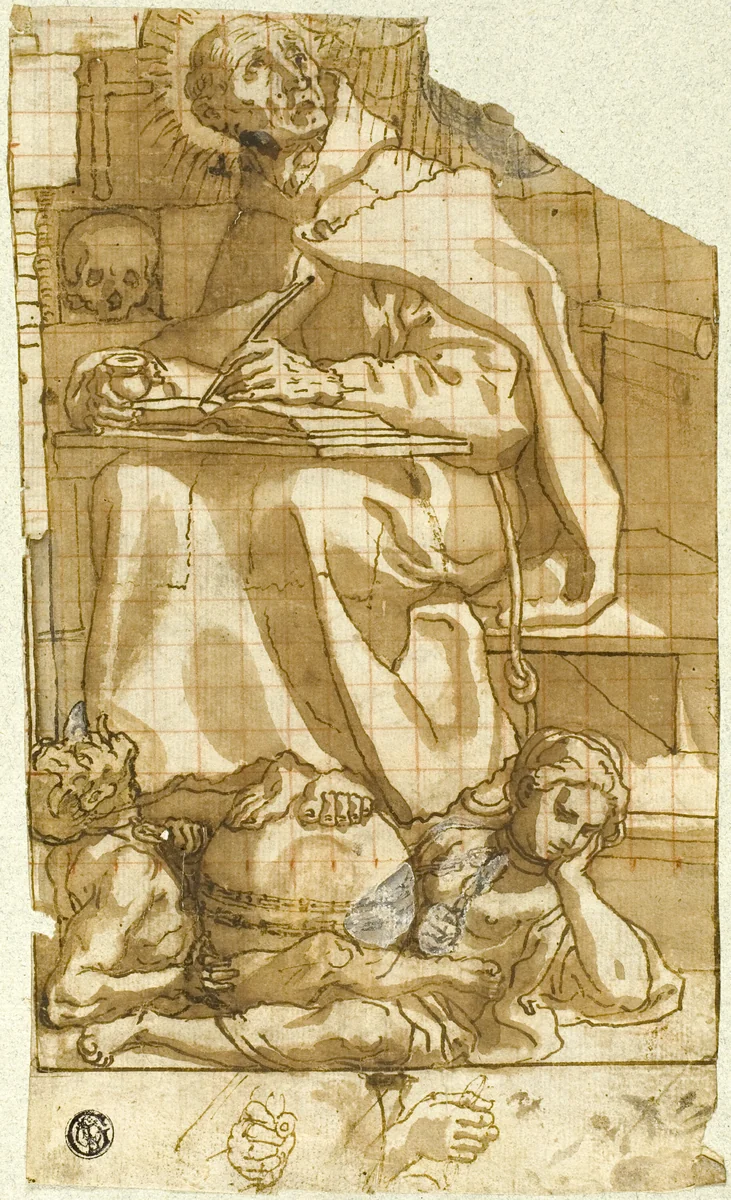 Saint Romuald or Saint Augustine in His Study by Andrea Lilio, drawing, 1590-1630