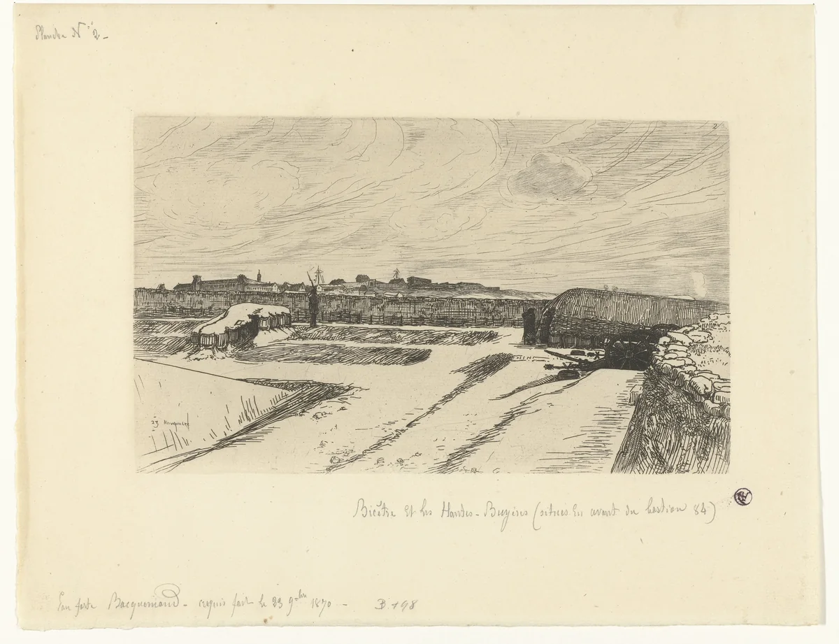 Fort Bicêtre en schans Hautes-Bruyères voor het bastion 84 bij Parijs in de sneeuw by Félix Bracquemond, print, 1870