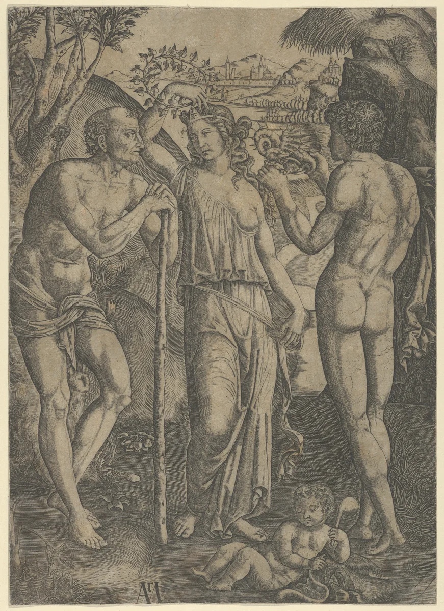 An allegorical scene; a young woman at centre holding a wreath above her head, at left is a old man leaning on a stick, a younger man at right who holds a small dragon by Marcantonio Raimondi, print, 1510-1520
