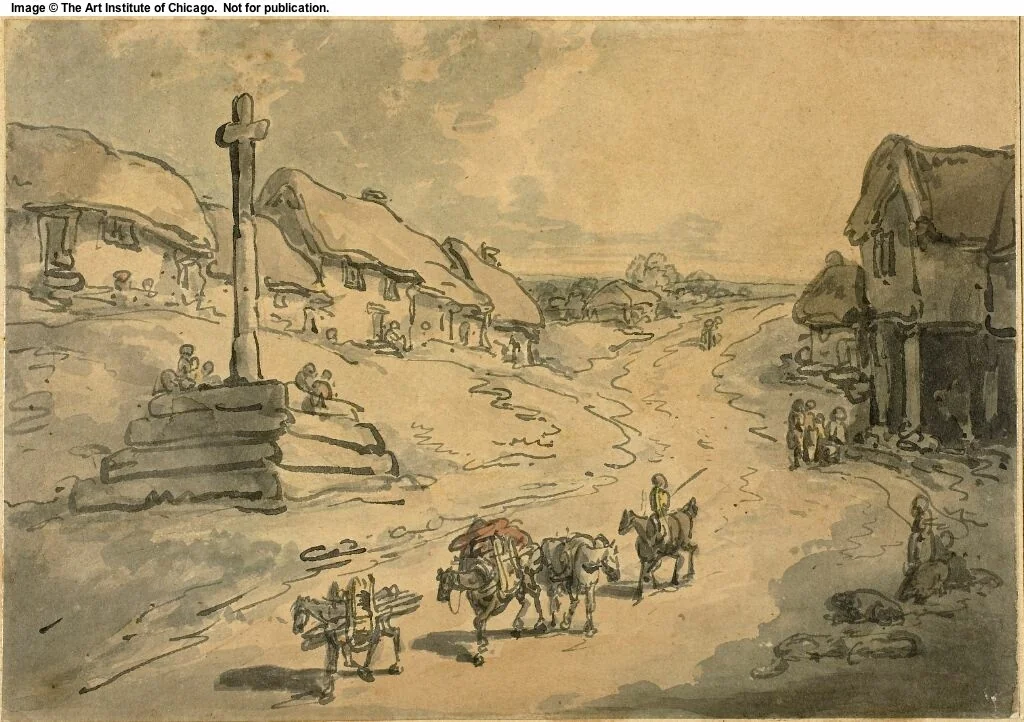 Landscape with Wayside Cross and Cottages by Thomas Rowlandson, painting, 1776-1827