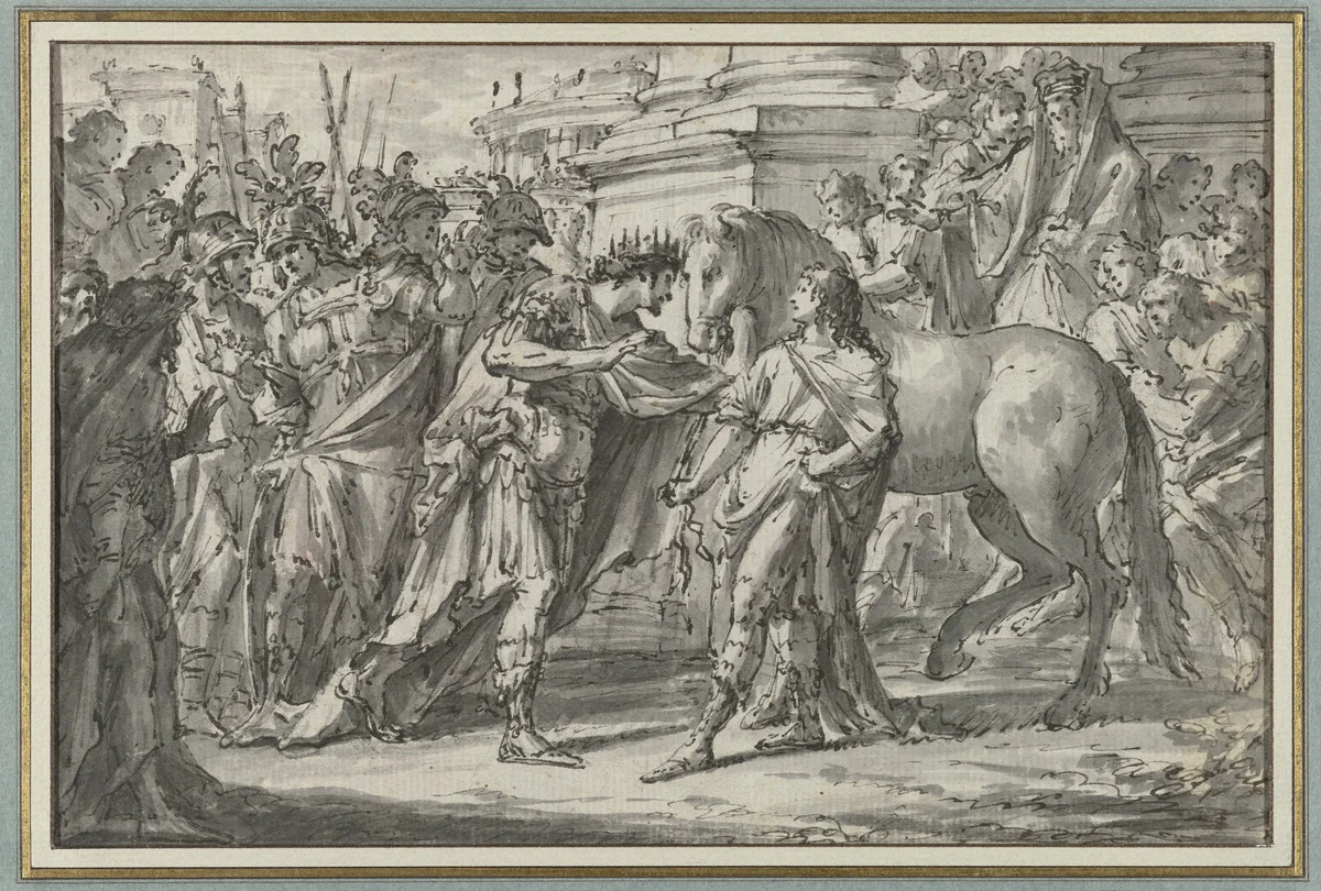 Koning Philippus II van Macedonië schenkt zijn zoon Alexander het paard Bucephalus by Fidele Fischetti, drawing, 1742-1797