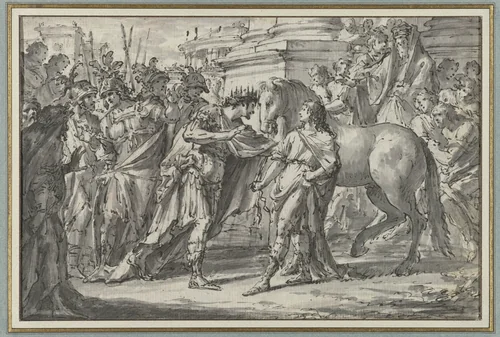 Koning Philippus II van Macedonië schenkt zijn zoon Alexander het paard Bucephalus by Fidele Fischetti, drawing, 1742-1797
