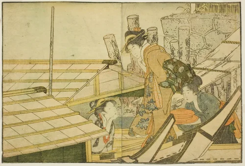 Embarking on Pleasure Boats in Summer, from the illustrated book "Picture Book: Flowers of the Four Seasons (Ehon shiki no hana)," vol. 1 by Kitagawa Utamaro (喜多川歌麿), print, 1801