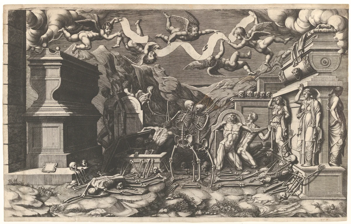 The Vision of Ezekiel; a group of corpses and skeletons emerging out of tombs, above them five winged putti holding a banderole by Giorgio Ghisi, print, 1554