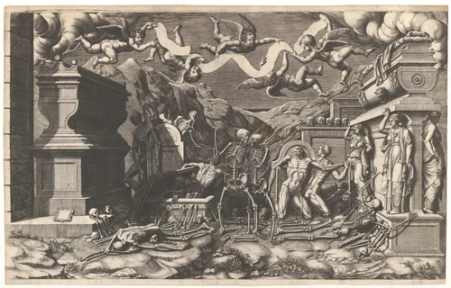 The Vision of Ezekiel; a group of corpses and skeletons emerging out of tombs, above them five winged putti holding a banderole by Giorgio Ghisi, print, 1554