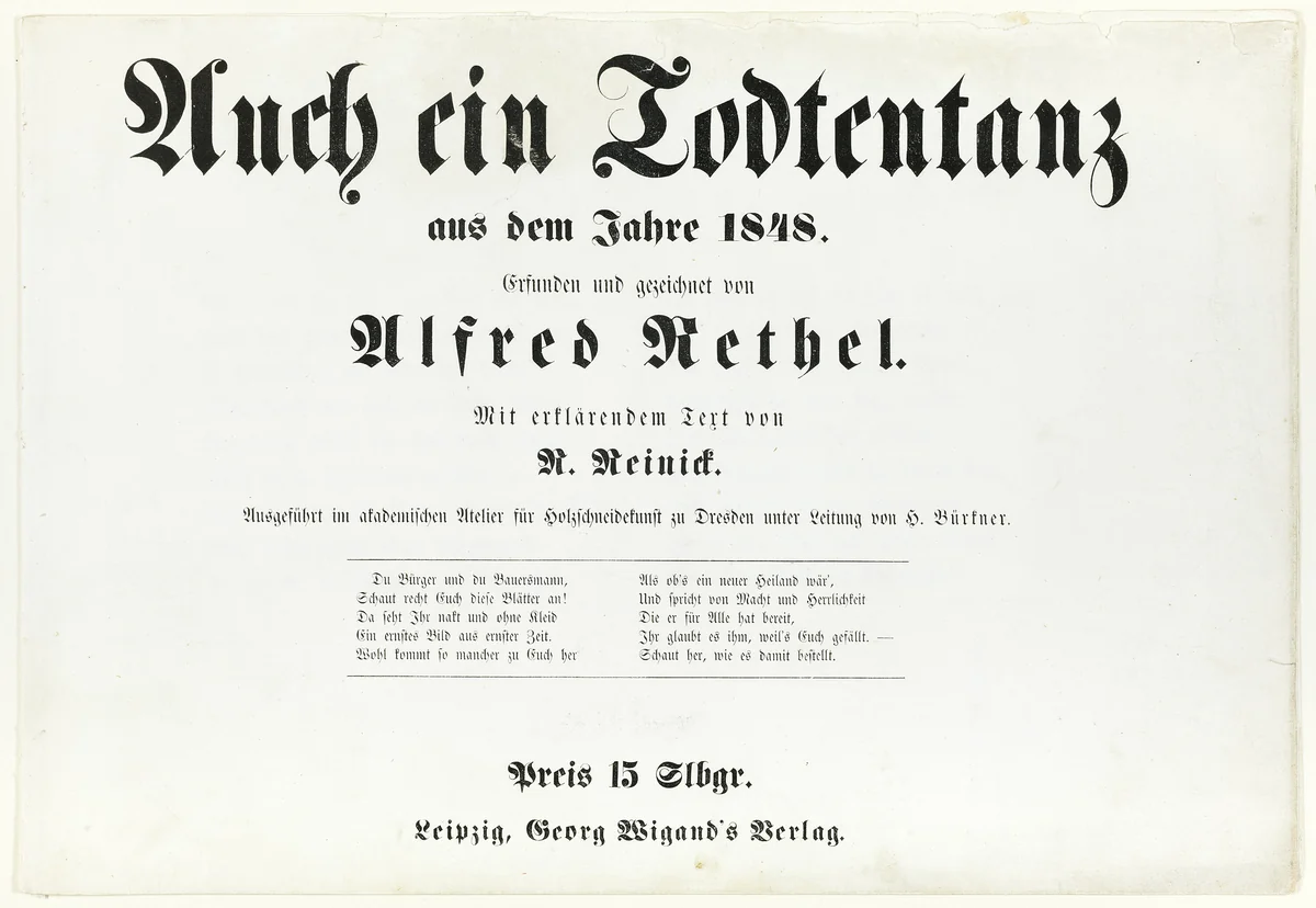 Auch ein Todtentanz, title page and text by Alfred Rethel, print, 1848