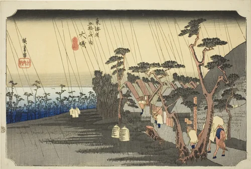 Oiso: Tora's Rain (Oiso, Tora ga ame), from the series "Fifty-three Stations of the Tokaido Road (Tokaido gojusan tsugi no uchi)," also known as the Hoeido Tokaido by Utagawa Hiroshige (歌川広重), print, 1828-1839