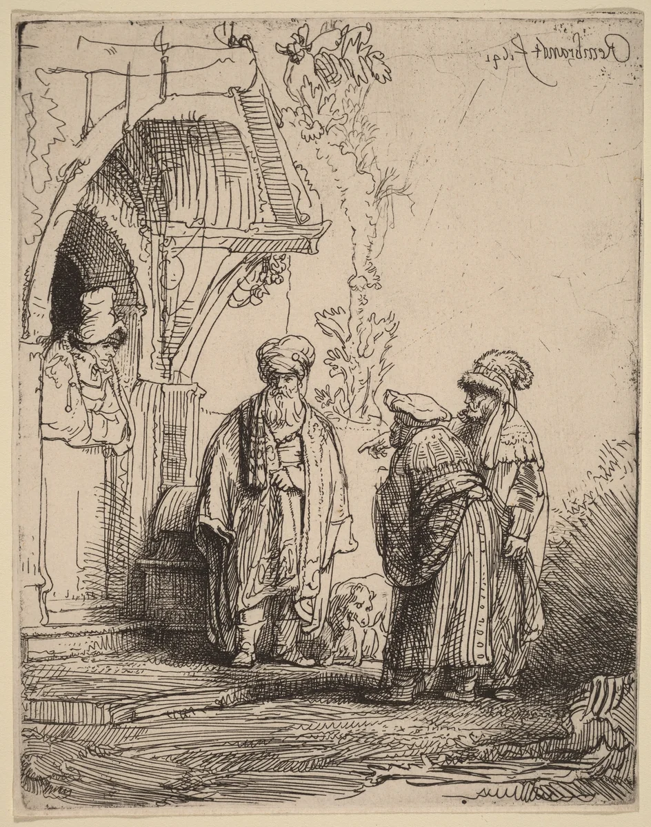 Three Oriental Figures (Jacob and Laban?) by Rembrandt van Rijn, print, 1641