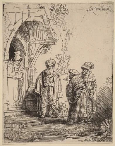 Three Oriental Figures (Jacob and Laban?) by Rembrandt van Rijn, print, 1641