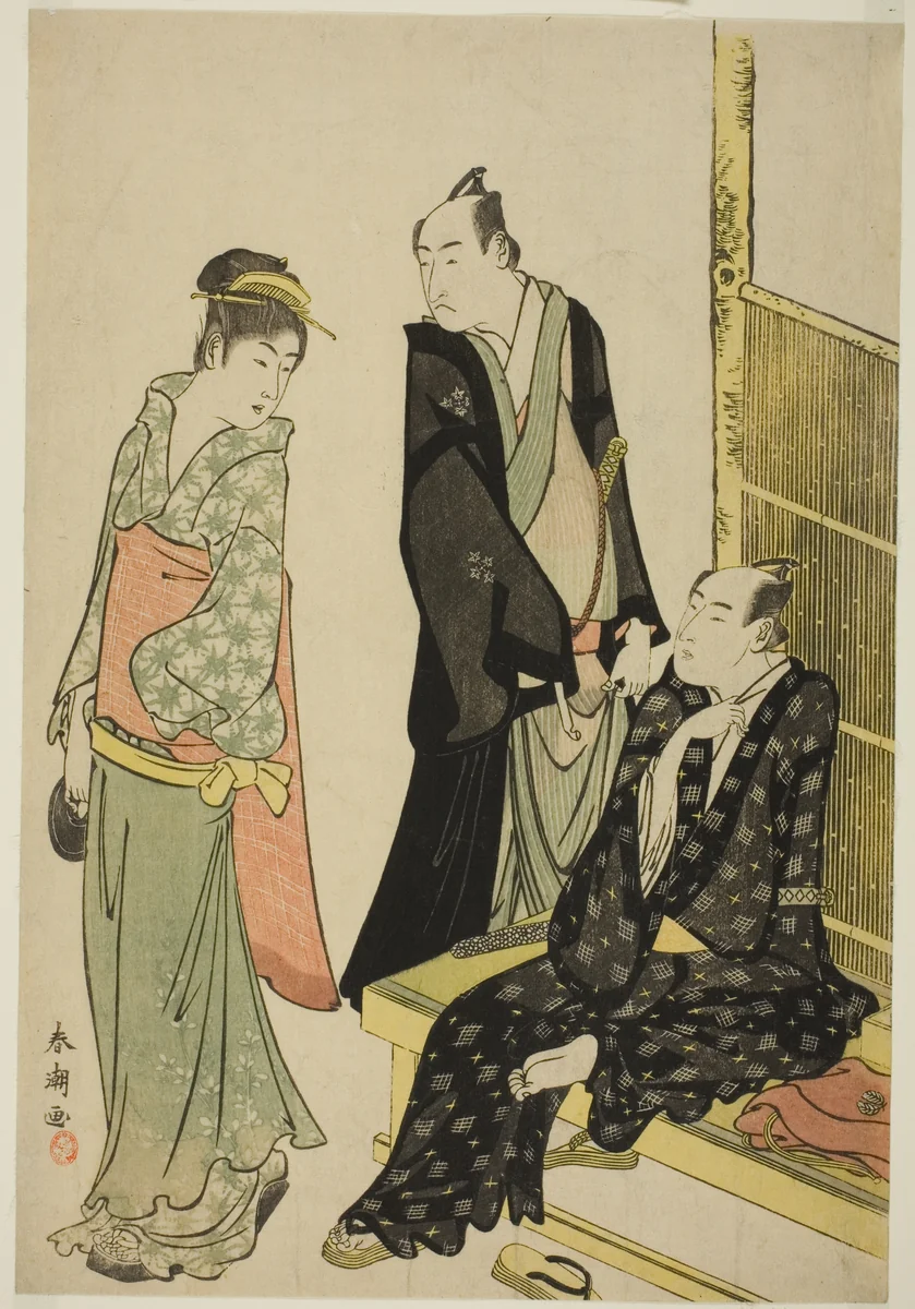 The Actors Onoe Matsusuke I and Ichikawa Omezo I at a Teahouse by Katsukawa Shuncho, print, 1775-1806