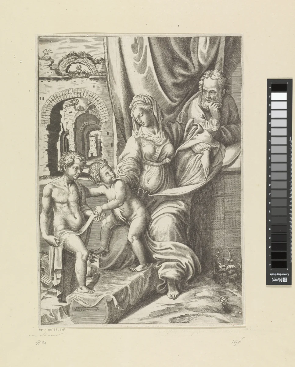 Heilige Familie met de jonge Johannes de Doper bij ruïnes by Unknown, print, 1501-1580