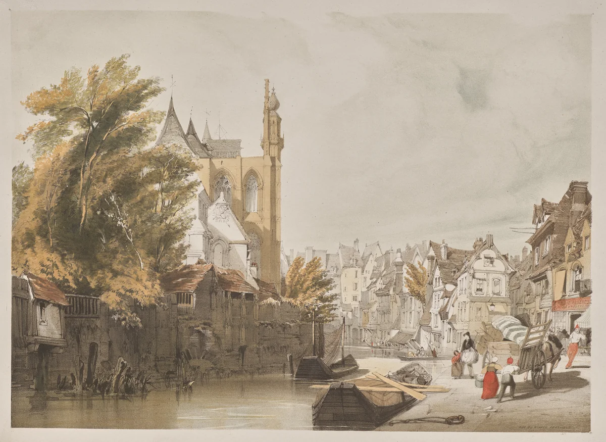 Picturesque Architecture in Paris, Ghent, Antwerp, Rouen: Rue du Rivage, Abbeville, France by Thomas Shotter Boys, other, 1839