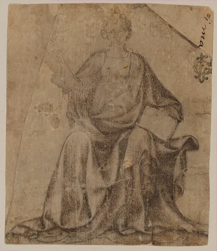 Seated Female Figure Holding a Book and a Scroll (?) by Veronese School, drawing, 1436-1470