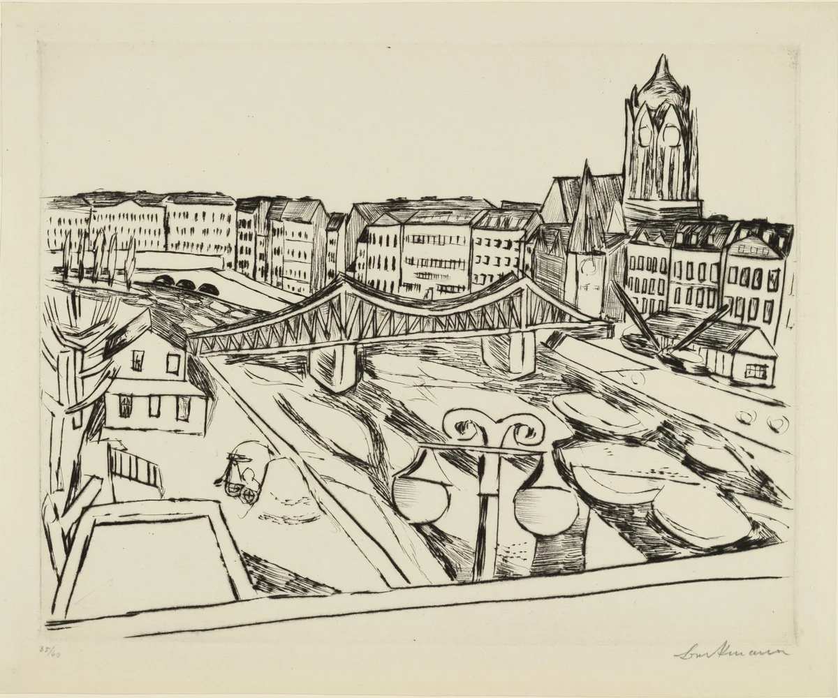 City View with "Eiserner Steg" (Stadtansicht mit Eisernem Steg) by Max Beckmann, print, 1923