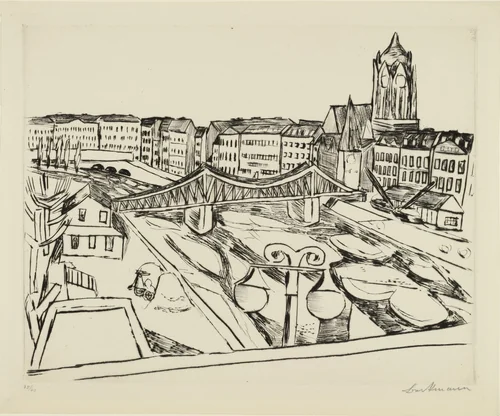 City View with "Eiserner Steg" (Stadtansicht mit Eisernem Steg) by Max Beckmann, print, 1923