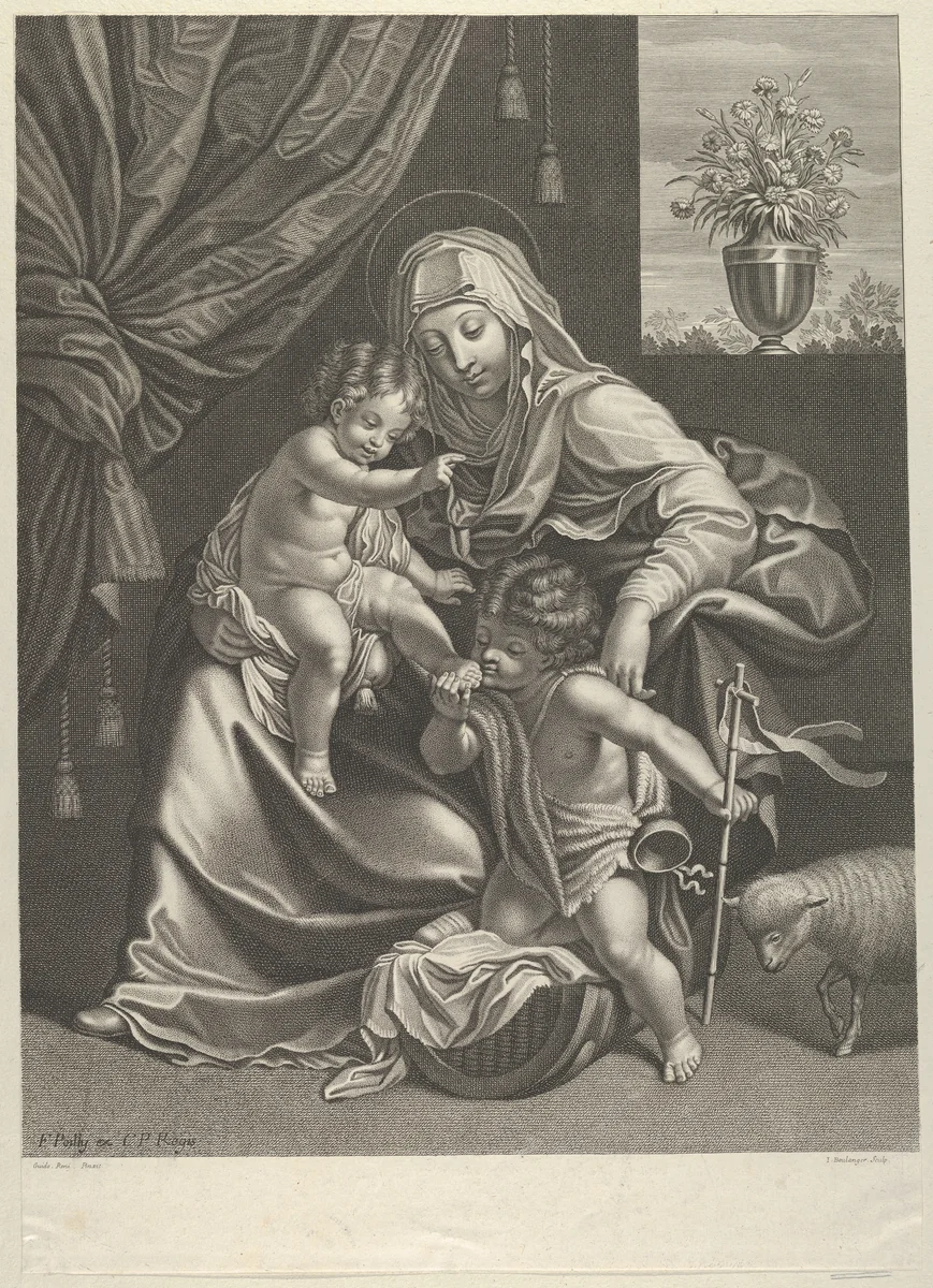 The Virgin seated with the infant Christ on her lap, the young Saint John the Baptist kneeling on Christ's cradle and kissing his foot, a lamb at right, after Reni by Jean Boulanger, print, 1645-1680
