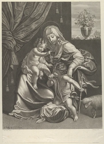 The Virgin seated with the infant Christ on her lap, the young Saint John the Baptist kneeling on Christ's cradle and kissing his foot, a lamb at right, after Reni by Jean Boulanger, print, 1645-1680
