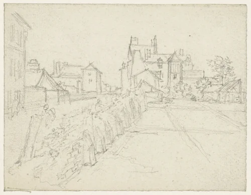Straat waarin een muur afgebroken wordt by Georges Michel, drawing, 1773-1843