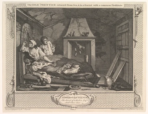 The Idle 'Prentice Returned from Sea and in a Garret with a Common Prostitute (Industry and Idleness, plate 7) by William Hogarth, print, 1747