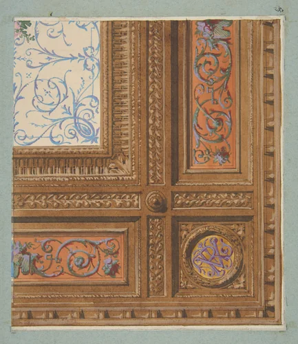 Design for the painted decoration of a coffered ceiling with initials: VR by Jules-Edmond-Charles Lachaise, drawing, 1830-1897