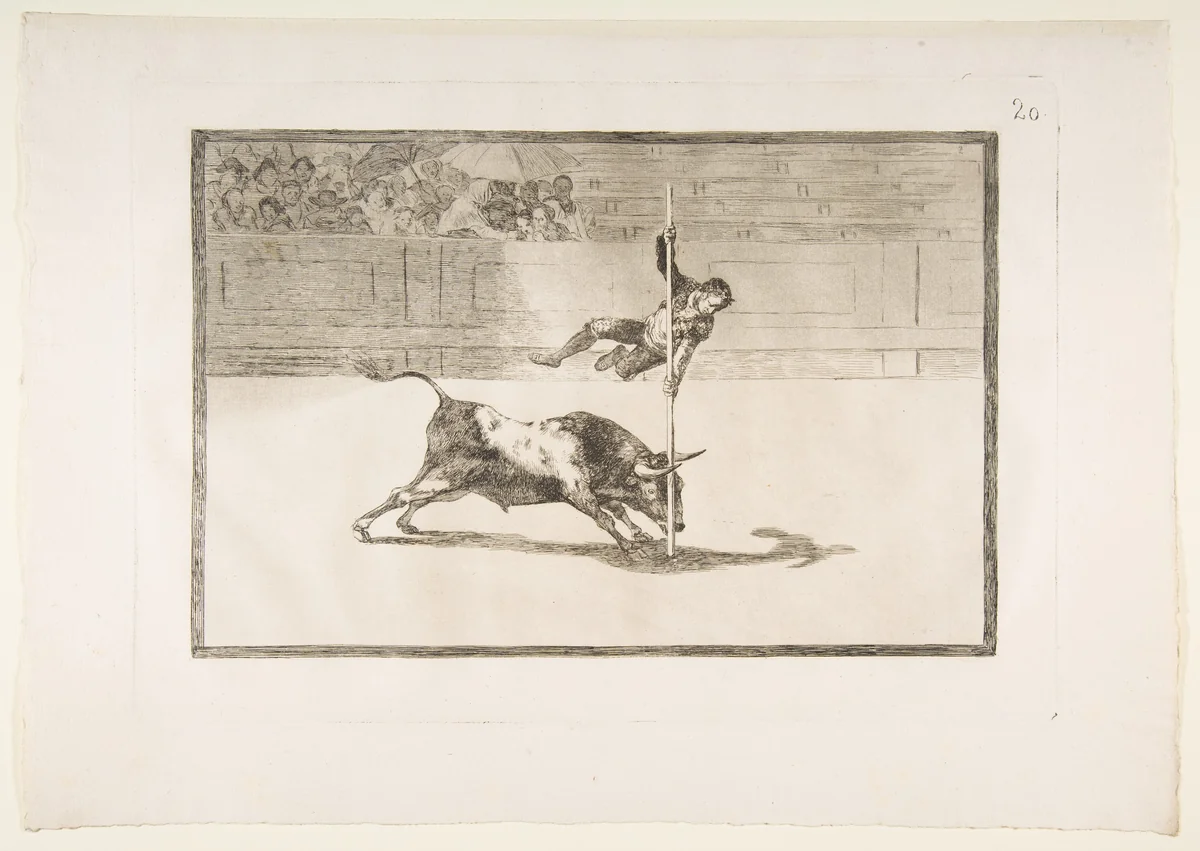 Plate 20 from "La Tauromaquia": The agility and audacity of Juanito Apiñani in [the ring] at Madrid by Goya, print, 1816
