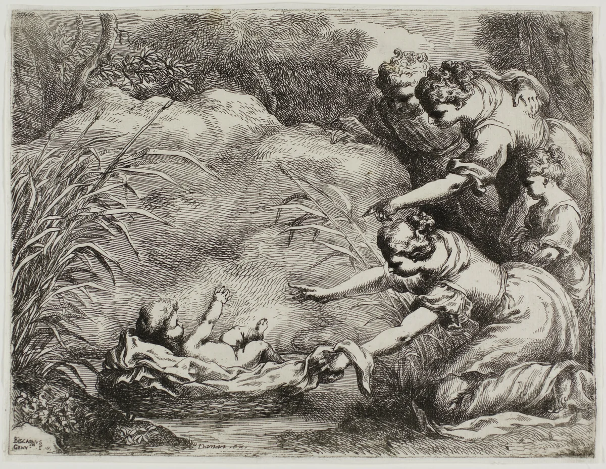 The Finding of Moses by Bartolomeo Biscaino, print, 1650-1660