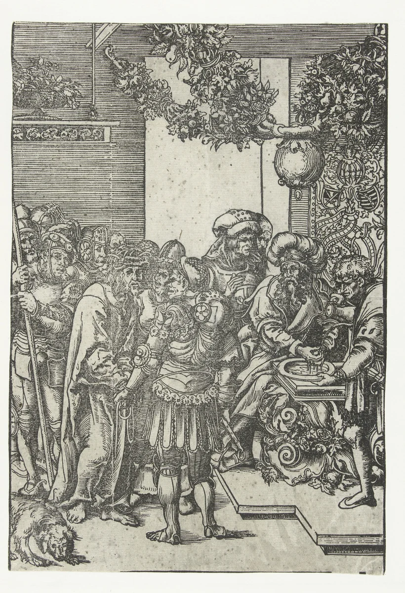 Pilatus wast zijn handen by Lucas Cranach, print, 1509