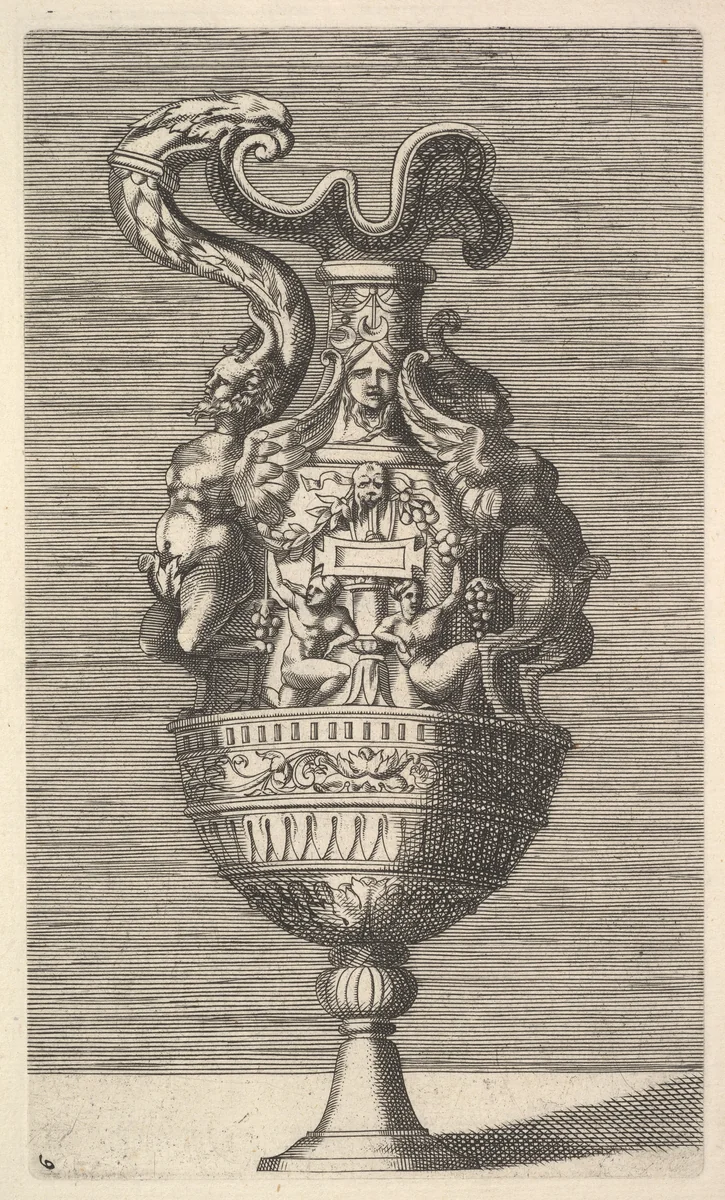 Vase with Two Winged Satyrs by René Boyvin, print, 1600-1690