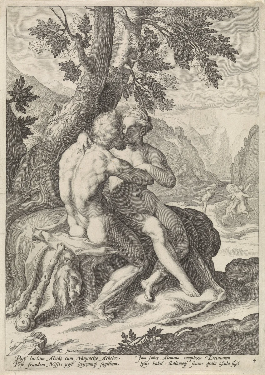 Hercules en Deïanira by Jacob Matham, print, 1588-1592