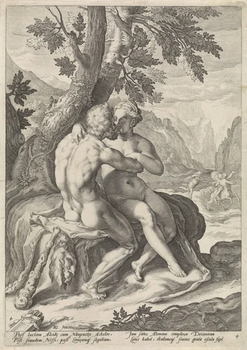Hercules en Deïanira by Jacob Matham, print, 1588-1592