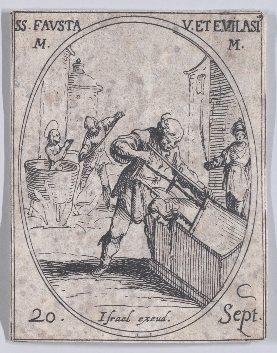 Ste. Fauste et S. Evilase (St. Fausta and St. Evilasius), September 20th, from "Les Images De Tous Les Saincts et Saintes de L'Année" (Images of All of the Saints and Religious Events of the Year) by Jacques Callot, print, 1636