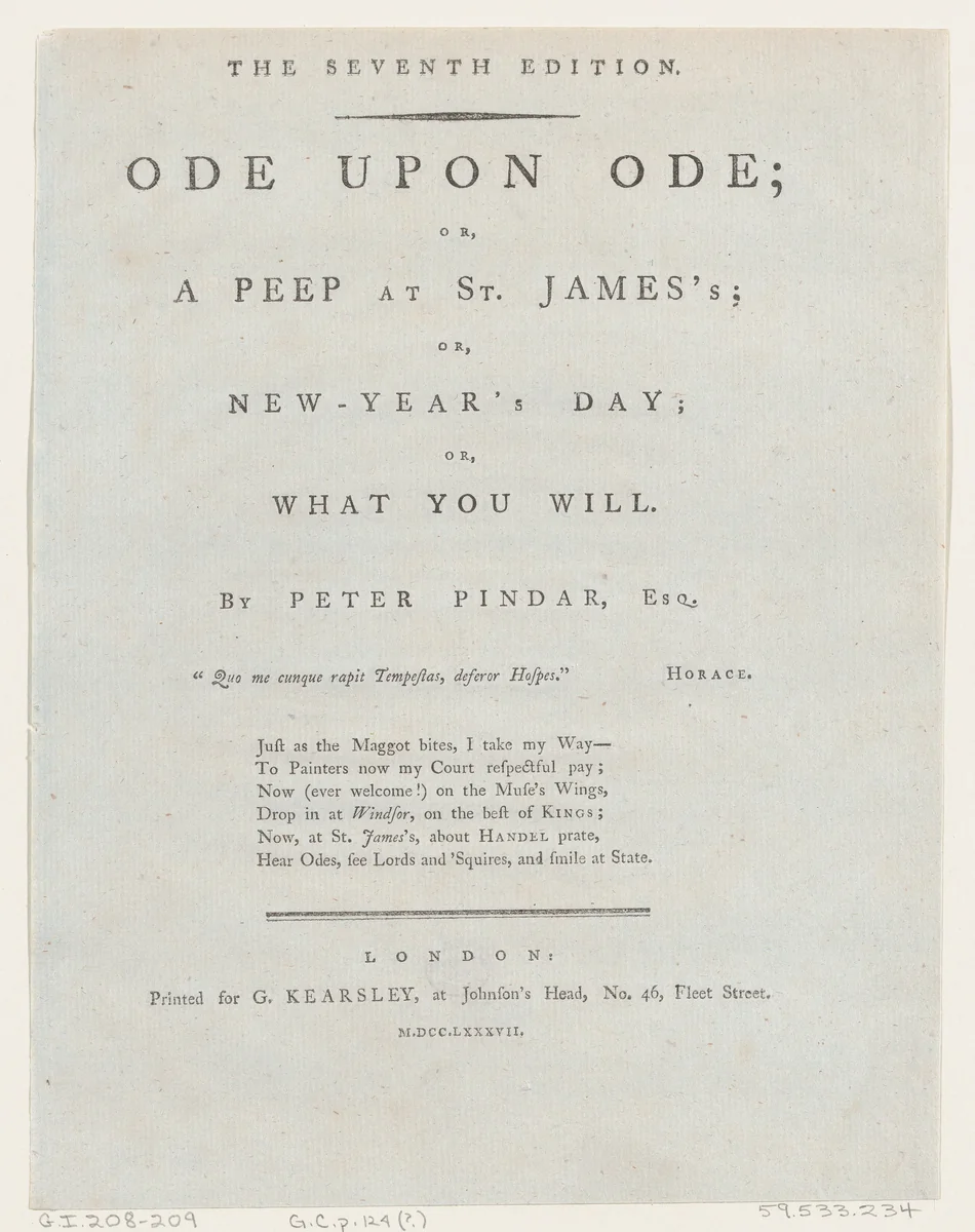 Title Page, from Ode Upon Ode by Peter Pindar by George Kearsley, print, 1787