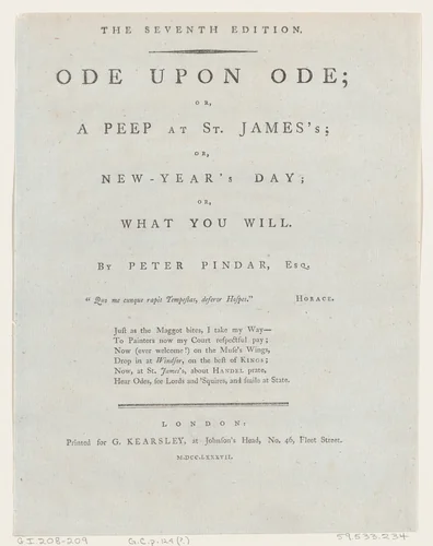 Title Page, from Ode Upon Ode by Peter Pindar by George Kearsley, print, 1787