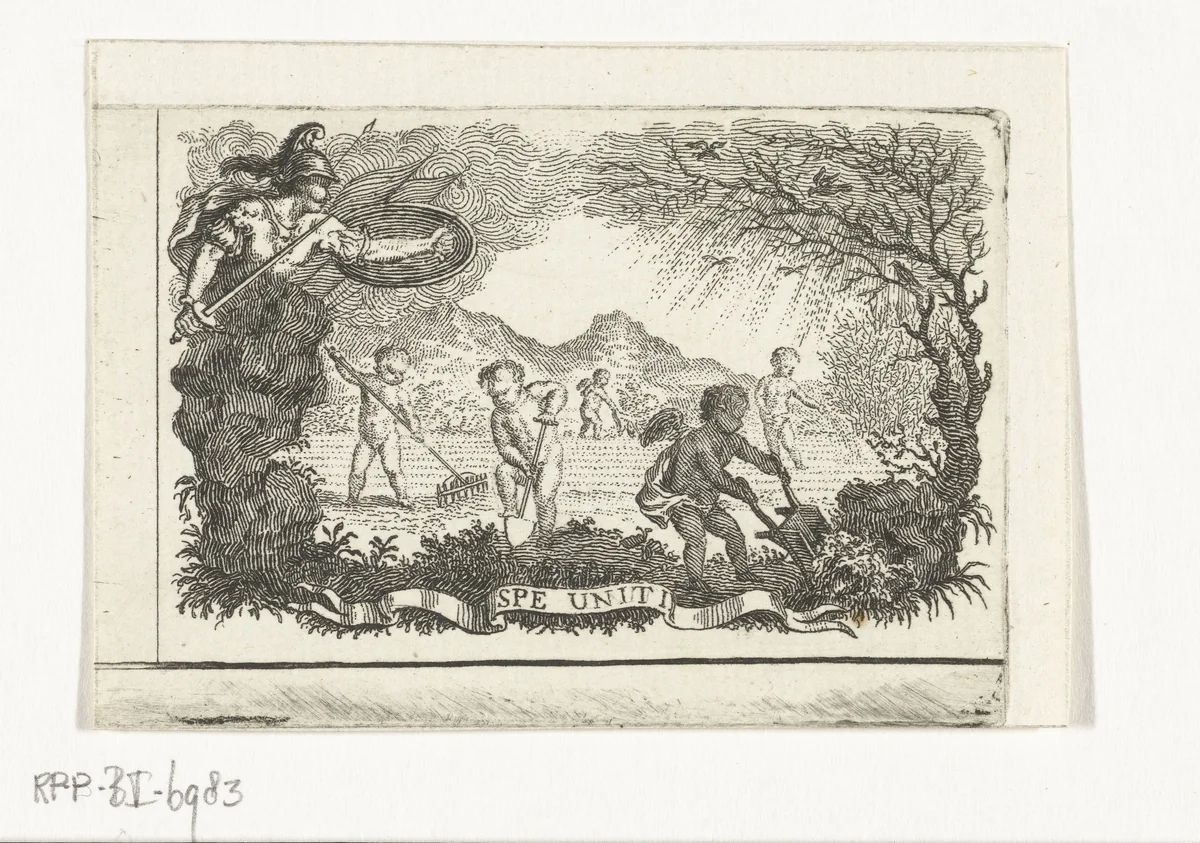 Minerva bij akker die bewerkt wordt door putti by Abraham Delfos, print, 1741-1820