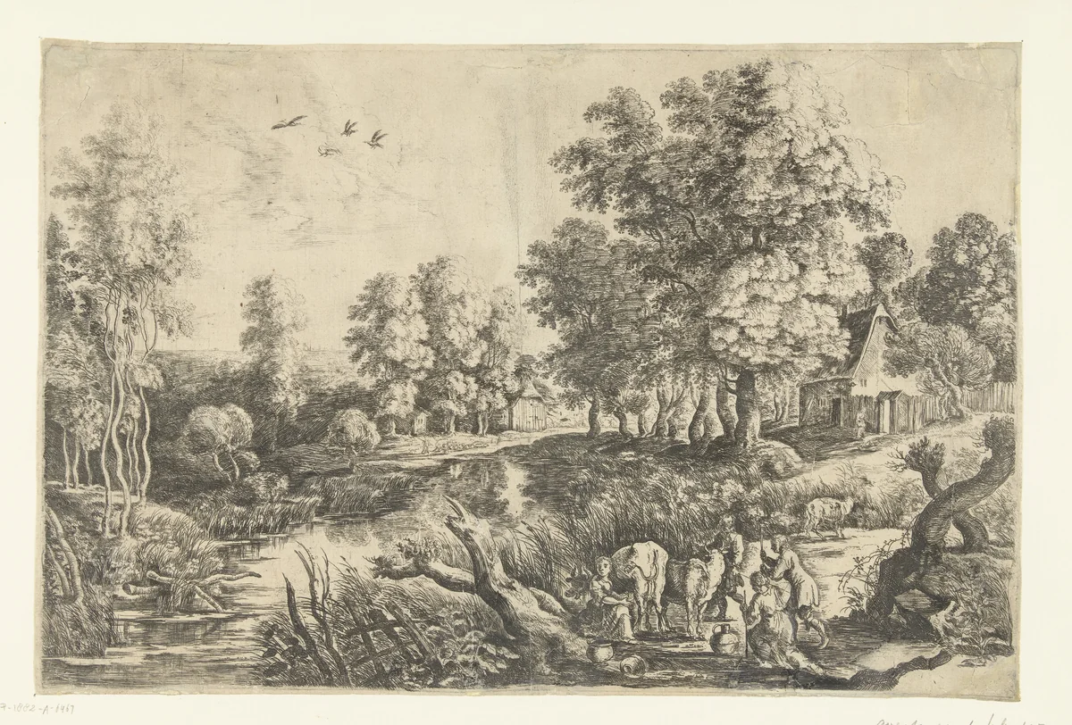 Boeren met vee bij een beek by Lucas van Uden, print, 1605-1673