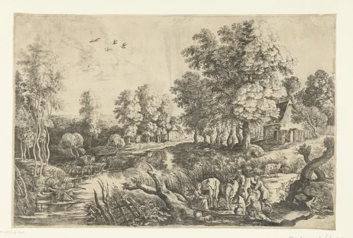 Boeren met vee bij een beek by Lucas van Uden, print, 1605-1673