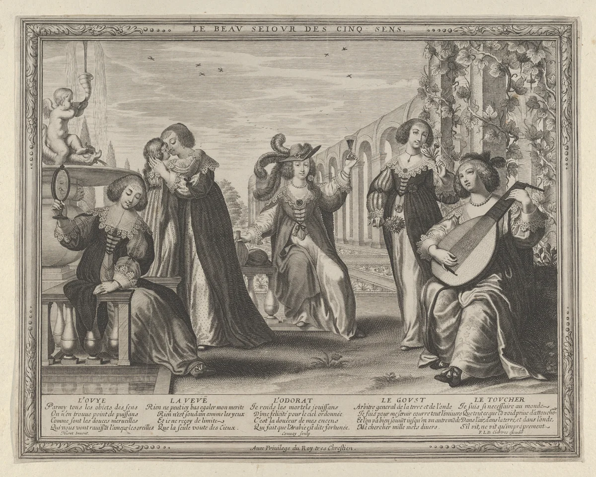The Beautiful Night of Five Senses (Le Beau Seiour des Cinq Sens) by Jean Couvay, print, 1620-1650