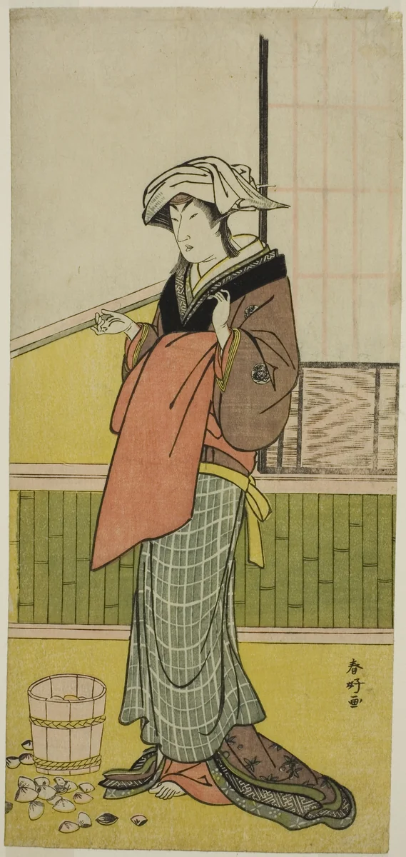 The Actor Nakamura Riko I as Moshio (?) in the Play Honda Yayoi Meoto Junrei (?), Performed at the Ichimura Theater (?) in the Seventh Month, 1778 (?) by Katsukawa Shunko, print, 1773-1783