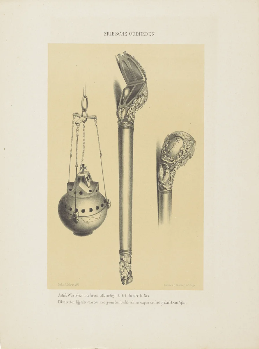 Wierookvat en pijpenhouder by anonymous, print, 1872