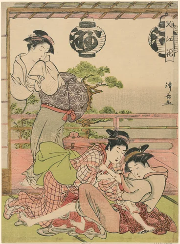 Two Geisha Struggling for a Letter (Fumi no arasoi), from the series "Flowers of Nakasu (Nakasu no hana)" by Torii Kiyonaga (鳥居清長), print, 1776-1786