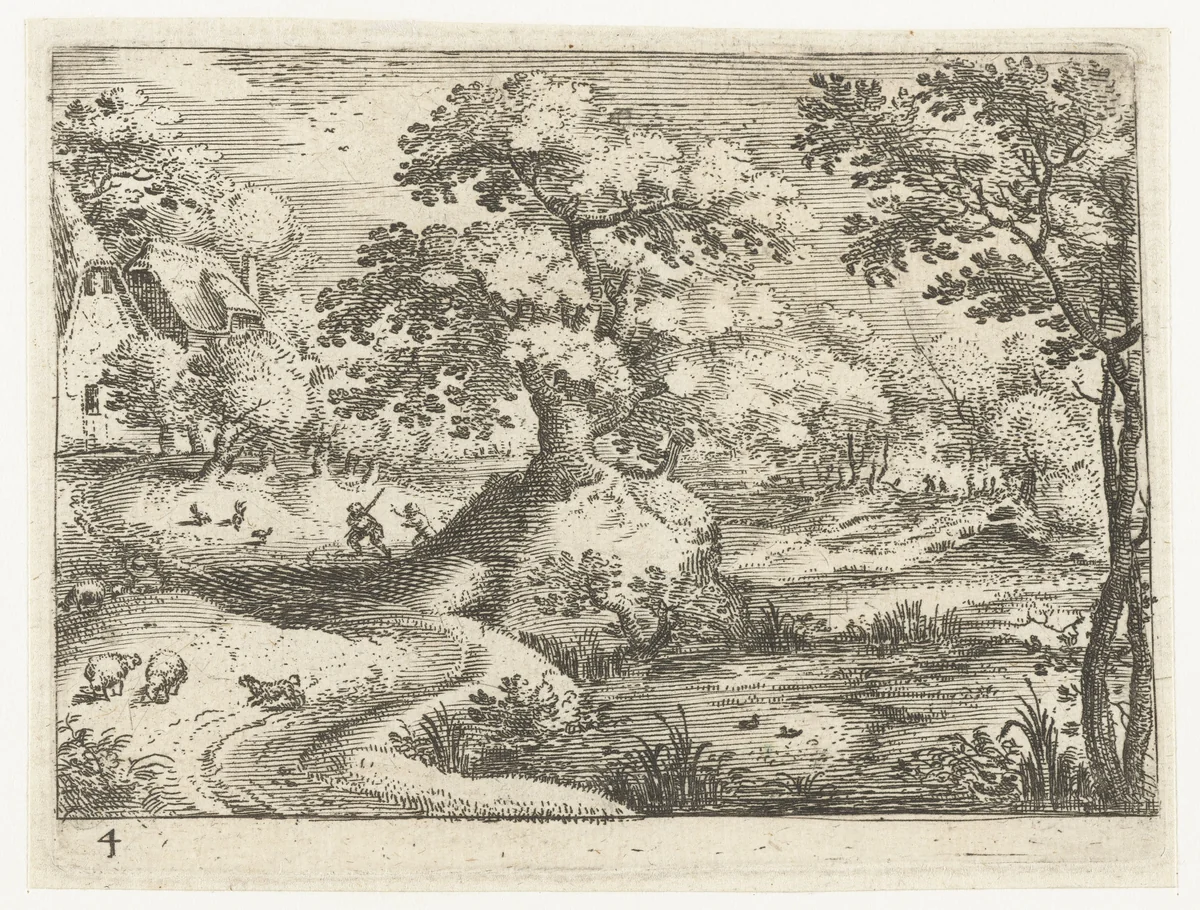 Landschap met reizigers nabij huizen by Jacob Savery, print, 1584-1603