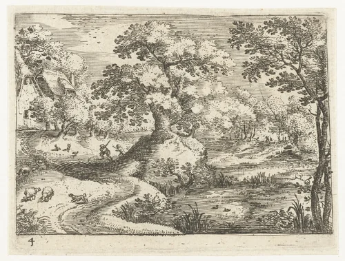 Landschap met reizigers nabij huizen by Jacob Savery, print, 1584-1603
