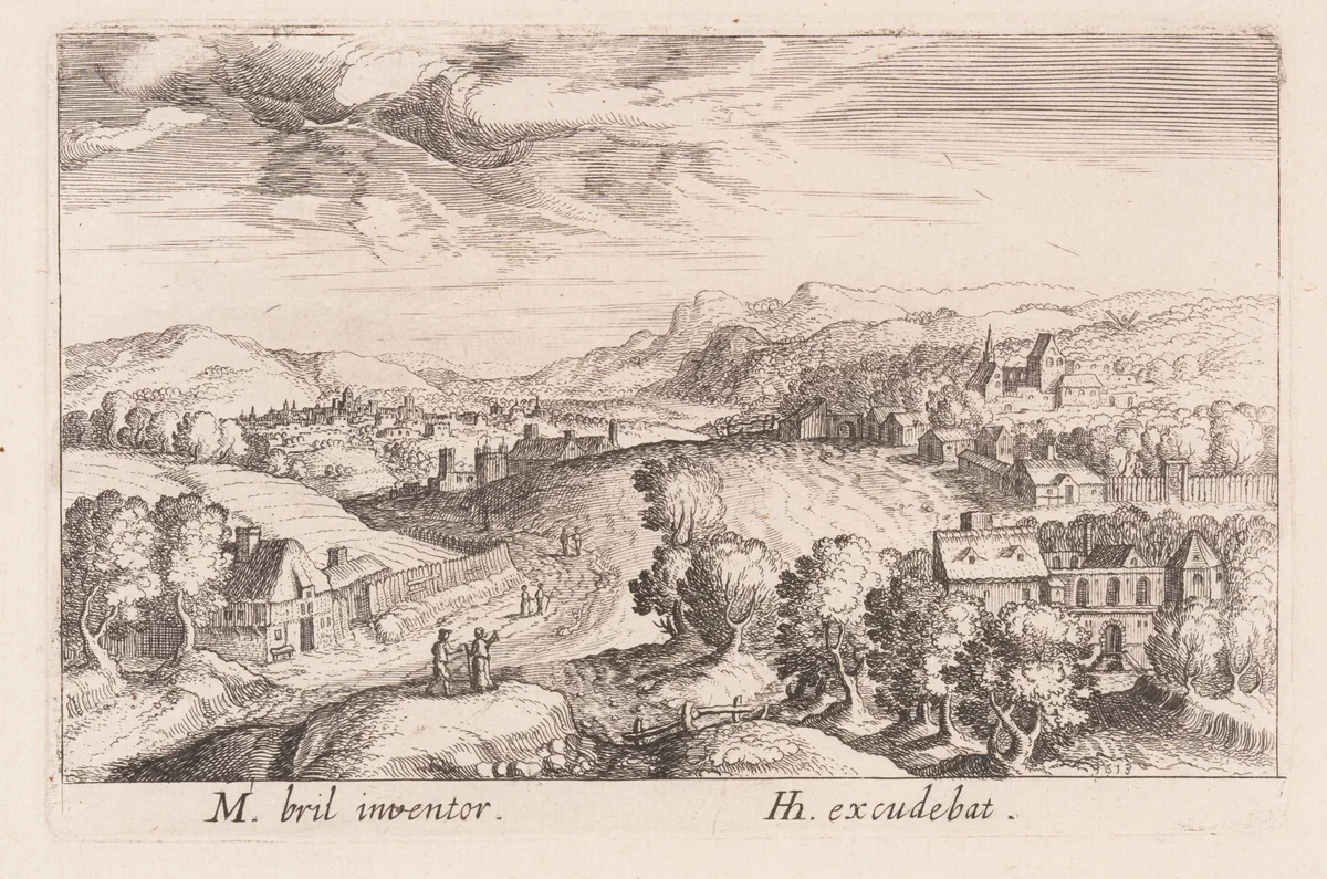 Hilly Landscape with Three Couples, from Topographia Variarum Regionum by Simon Frisius, print, 1614